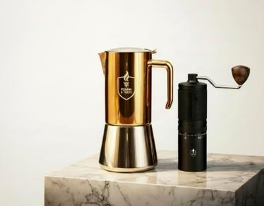 FIAMMA & FERRO Stovetop Espresso Maker & Manual Coffee Grinder Bundle | 12-Cup Stainless Steel Moka Pot with Canvas Travel Bag & Titanium+ Manual Burr Grinder (Espresso–Turkish-French Press and more)