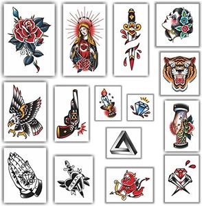 Womaha 15 Sheets Color Temporary Tattoos Men and Boys Old School Temporary Tattoos Sets