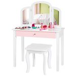 GYMAX Kids Vanity Table and Stool Set, Wooden Children Dressing Table with Tri-folding Mirror & Drawer, 2 in 1 Girls Makeup Dresser for Bedroom (White)