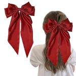 Red Hair Bow Big Hair Bows for Women, Solid Color Bow Hair Clips with Long Ribbon, French Red Bow Hair Clip Soft Satin Silky Hair Bows Cute Gifts for Women Girls (Red)