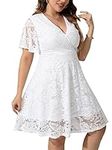 SCOMCHIC Women Lace Plus Size Cocktail Dress for Wedding Guest V Neck Short Sleeve Flowy A Line Knee Length Dresses, White, 3X-Large Plus