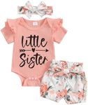 Afunbaby Newborn Baby Girl Clothes Little Sister Rufffle Short Sleeve Romper and Floral Shorts Summer Outfit, Little Sister Pink, 0-3 Months