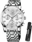 OLEVS Watches for Men Silver Stainless Steel Water Resistant Big Face Large Face Watch for Men Metal Band Bracelet Original Luxury Chrono Classy Watches with dates Chronograph Analog Waterproof Adjustable relojes para hombres
