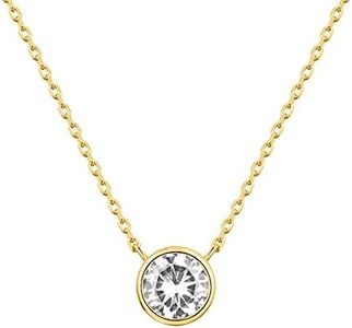 PAVOI 14K Gold Plated Circle CZ Solitaire Necklace | Elegant Bezel Pendant | Dainty Cubic Zirconia Halo Choker Necklaces for Women, Yellow Gold, Cubic Zirconia