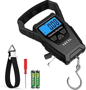 HEETA Waterproof Fish Scale Digital with Backlit LCD Display, 110lb/50kg Portable Hanging Scale Fishing Scale for Home and Outdoor, Measuring Tape and 2 AAA Batteries Included (Black)