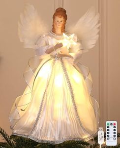 HMASYO Christmas Tree Topper Angel with Timer Lights, 12" Angel Tree Toppers with White Feather Wings, Star Light, Remote Control and USB Power Xmas Treetop Decor for Indoor Office Holiday Party