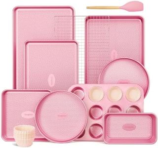 HONGBAKE 22-Piece Baking Pans Set Nonstick, Stackable Non Toxic Bakeware Sets with Diamond Texture, Oven Pan Set for Cooking, Includes Cookie Sheet with Rack, Cake Pan, Roasting Pan, Muffin Tin, Pink