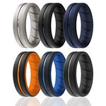 ROQ Silicone Rubber Wedding Ring for Men, Comfort Fit, Men's Wedding Band, Breathable Rubber Engagement Band, 8mm Wide 2mm Thick, Engraved Duo Middle Line, 6 Pack, Black, Silver, Grey, Dark Blue, Orange, Light Blue, Size 9