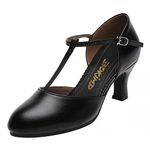 Bokimd Women's T-Strap Latin Salsa Dance Heels Non-Slip Ballroom Character Shoes Wedding Prom Pumps, Black, 7