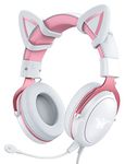 PHNIXGAM Cat Ear Gaming Cute Headset, Wired Over-Ear Headphones with Noise Cancelling Microphone, Surround Sound, LED Backlight for PS4, PS5, Xbox One(No Adapter), PC, Mobile Phone, White & Pink