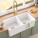 Double Bowl Farmhouse Sink, DeerValley DV-1K503 Nova 33" L x 18" W Fireclay Farmhouse Sink Double Bowl 50/50 Kitchen Sinks, Reversible Apron Front Kitchen Sinks with Bottom Grid and Strainer in White