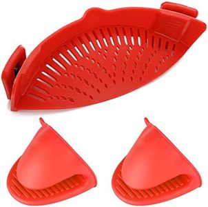 Silicone Clip-on Strainer Colander,DanziX Hands-Free Heat Resistant Drainer Filter for Colander and Sieve Snaps on Bowls,pots and Pans,with 2 Silicone Gloves-Red