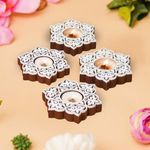 eCraftIndia Set of 4 White Brown Wooden Floral Printing Block Decorative Tea Light Candle Holders, Diya Stands - Tea Light Holders - Christmas Diwali Decoration Items for Home Decor