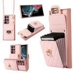 Asuwish Phone Case for Samsung Galaxy S22 Ultra 5G Wallet Cover with Credit Card Holder Shoulder Crossbody Strap Long Lanyard Leather Cell Accessories S22ultra 22S S 22 S22ultra5g 6.8 Women Girls Pink