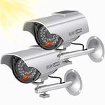 WALI Solar Powered Fake Simulated Camera, Dummy Security Camera with Red Flashing Light and Security Alert Sticker Decal for Indoor/Outdoor(SOLTC-S2), 2 Packs, Silver