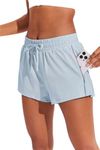 PINSPARK Running Shorts for Women Quick Dry Athletic Short Elastic High Waisted Active Wear with Zip Pockets, Baby Blue, Medium