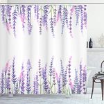 Ambesonne Purple Decor Collection, Lavender Plants Aromatic Evergreen Shrub of the Mint Family Nature Oils Country Style Print, Polyester Fabric Bathroom Shower Curtain Set with Hooks, Lilac