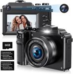 4K Digital Camera for Photography,Dual Lens 48MP Autofocus Anti-Shake Vlogging Camera for YouTube,18X Digital Zoom Compact Travel WiFi Points and Shoot Cameras with 64GB TF Card & 2 Batteries