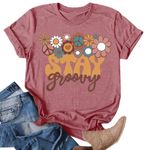 Stay Groovy Shirt for Women Cute Floral Graphic Tees Hippie 70s Tee Summer Tee Tops Pink