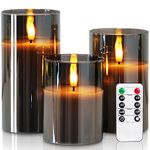 Homemory Grey Glass Flameless Candles, Battery Operated LED Pillar Candles with Remote Control and Timer, Radiance Candles, Real Wax, D3 xH4 5" 6", Set of 3