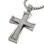 COOLSTEELANDBEYOND Men Women LARGE Steel Cross Pendant Necklace with Cubic Zirconia, 30 inches Wheat Chain(CA)