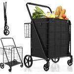COSTWAY 120L Folding Shopping Trolley on 6 Wheels, Metal Utility Push/Pull Cart with Back Basket, Removable Liner & Anti-Slip Handle, Portable Luggage Grocery Carts for Mobility （with Liner)