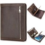 CataPurus Top Grain Leather 11" Portfolio for Men & Women, Solid Vintage Design, Handmade, Large Capacity Multi-Functional Business Padfolio, Holder for Cards/iPad/Phone/Cable/A5 Paper, Coffee 11 Inch