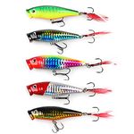 GudGmtoy 5pcs Topwater Popper Fishing Lures Kit 7.5cm 0.3oz Feather Treble Hooks Floating Fishing Lure Poper Bait Sea Pike Bass Crankbait Mackecel Fishing Bait