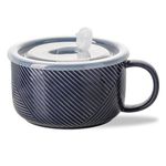 Adewnest Oversized Soup Bowl with Handle: 38 Ounce Ceramic Ramen Bowl with Lid - Microwave Safe Jumbo Soup Mug with Handle - Extra Large Soup Cup - Navy, 6 Inch