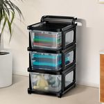 Kuber Industries 3 Layer Heavy Duty Plastic Storage Drawer with Wheels | Modular Cabinet for Bedroom, Office, Home | Chest of Drawers Organiser for Cosmetics, Kitchen items, Toys | Transparent Black