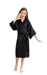 CuteOn Girls Robe Kimono Satin Silk Girl Bathrobe Dressing Gown Black Size 7-9Years - (Height 115-130cm)