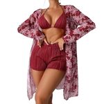 High Waisted 50s Bikini Set, Push Up Bathing Suits, Bow Tie Back Low Waisted Women Three Pieces Bathing Suits Top Ruffled Flounce Swimwear Deals of The Day Activewear Wine