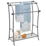 mDesign Free Standing Towel Rack – Large Towel Holder with Shelf for Bathroom Accessories – Metal Towel Rail with Multiple Hanging Bars – Graphite