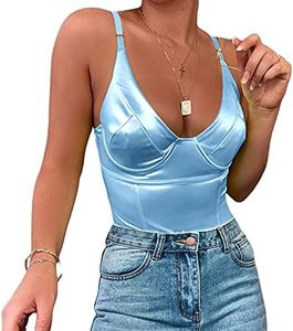 Velius Women's Sexy Deep V Neck Shiny Thong Bodysuit Tank Tops with Underwire (Sky Blue, Large)