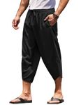 COOFANDY Men's Linen Harem Capri Pants Lightweight Loose 3/4 Shorts Drawstring Elastic Waist Casual Beach Yoga Trousers Black