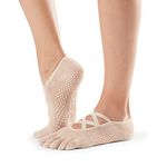 ToeSox Full Toe Elle Grip Socks – 5-Toe Criss-Cross Design, Non-Slip Socks, Natural Toe Movement, Pilates Socks, Yoga Socks, Toe Socks for Dance, Barre & Ballet, Nude, Medium