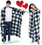 Adult Wearable Blanket Men with Sleeves - Birthday and Valentines Day Gifts for Her Wife - Cozy Wearable Blankets for Women - Comfy Valentine's Gift for Men, Girlfriend, Mom - White Black Checkered