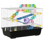 PawHut Large Hamster Cage 31" L x 18" W x 23.5" H, Small Animal House for Gerbil Hamster with Tunnel Tube System, Water Bottle, Exercise Wheel, Food Dish, Ramps, Black