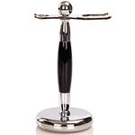 Deluxe Stainless Steel Shaving Brush Stand Holder for Razor & Brush Weighted Base Black Handle