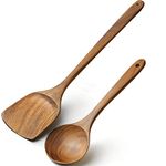 2 Pcs Wooden Spatula and Rice Spoon, Wood Wok Spatula Non-Stick Cooking Utensils for Frying Mixing Fish Spatula Turner Egg Flipper Spatulas