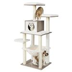 Feandrea WoodyWonders Cat Tree, Modern Cat Tower for Indoor Cats, 54.3-Inch Multi-Level Cat Condo, Ultra-Soft Plush, Scratching Posts, Hammock, Removable, Washable Cushions, Heather Greige UPCT164G01