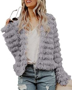 Inorin Womens Fall Open Front Cardigan Faux Fur Coat Vintage Parka Shaggy Jacket Warm Coat Tops (Light Grey, XX-Large)