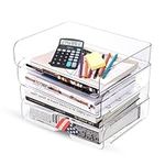 Clear Stackable Paper Trays 4 Pack, Desktop Racks with 4 File Bags, PET Clear Desk Letter Tray Set, Stackable Desk Organizer for Books, Magazines, Folders, A4 Size File Paper, Notes, Pens