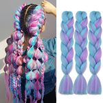 FANWYFYU Ombre Braiding Hair, 3 Packs Ombre Jumbo Braiding Hair 24 inch Professional Hair Extension For Women Crochet Twist Braids Synthetic Hairlight （purple-light blue）