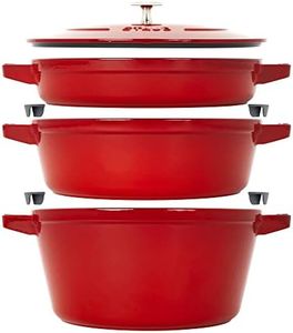 STAUB Cast Iron Set 4-pc, Stackable Space-Saving Cookware Set, Dutch Oven, Cast Iron Skillet, Cast Iron Grill Pan with Universal Lid, Made in France, Cherry