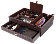 Baoyun Mens Valet Tray, 2 Layers Nightstand Organizer with Phone Charging Station, Faux Leather Dresser Valet Box for Watch, Phone, Jewelry (Brown)