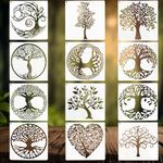 Tree Stencils, 12 Pcs Stencils for Crafts Reusable Tree of Life Stencils for Painting with Round Ring Natural Plants Stencil for Painting DIY Art Crafts Scrapbook Wall Décor