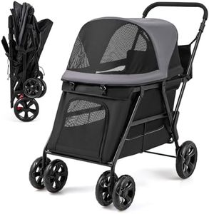 COSTWAY Pet Stroller, Foldable Dog Pushchair Cat Pram with Dual Entry, Ramp, Adjustable Canopy, Safety Belt, 4 Wheels Pets Travel Buggy for Dogs Cats
