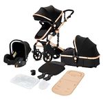 Magic ZC 3 in 1 Pushchair Pram Travel System, Baby Stroller 3 in 1 with Reversible Two Pushing Modes, Newborn Infant Carriage One-Click Folding, Toddler Buggy Aluminum Frame (Black Gold 588)