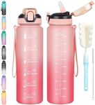CodiCile 1L Water Bottle with Straw,Water Bottle Dishwasher Safe,Leak-proof Sports Drinks Bottle with Time Maker & Bottle Brush,Non-Toxic for Running,cycling, Gym, School & Office,Pink rosy
